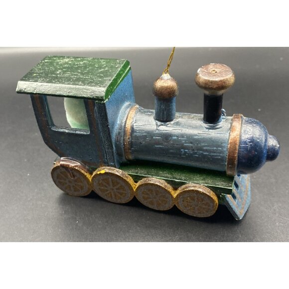 Lot 2 Vintage Wooden Train Ornaments Santa Blue Bear Engine Locomotive Christmas - Picture 7 of 15